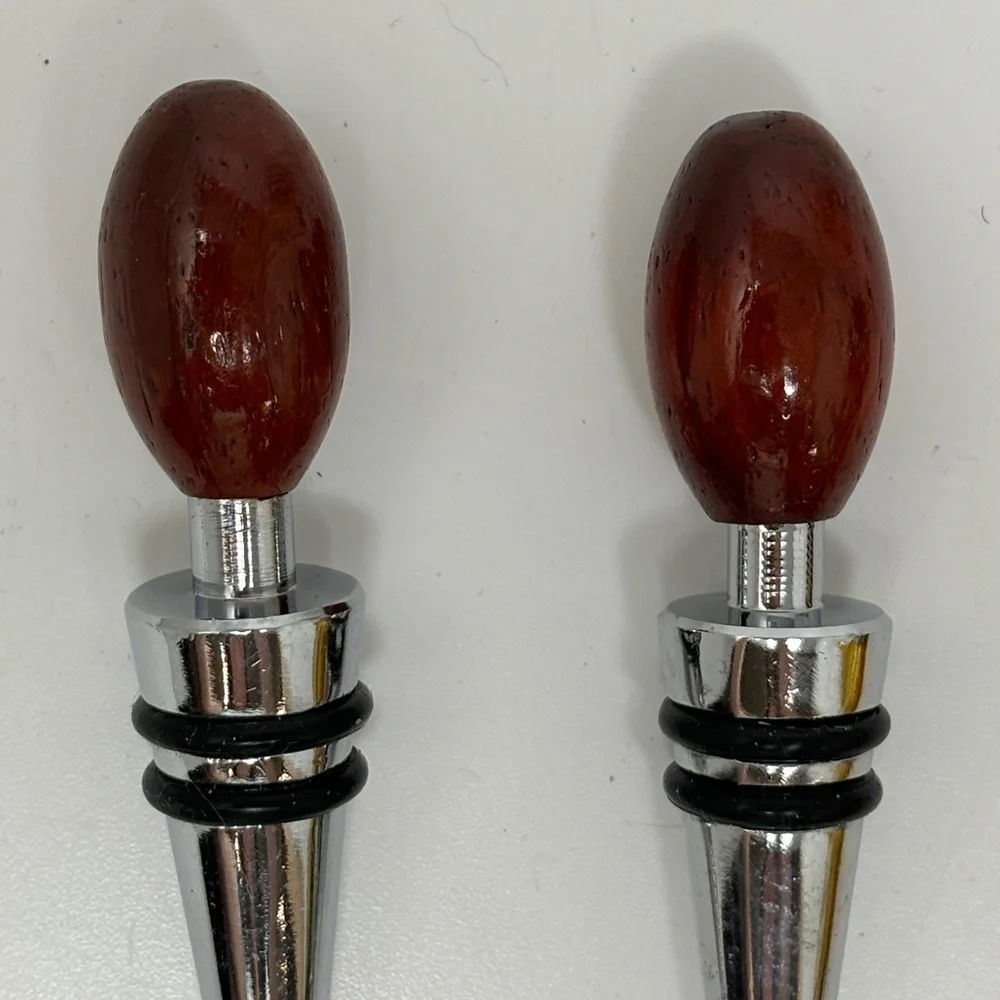 Set of Two Wine Bottle Stoppers Oval Olive Shaped Wood Finials Silver Tone
